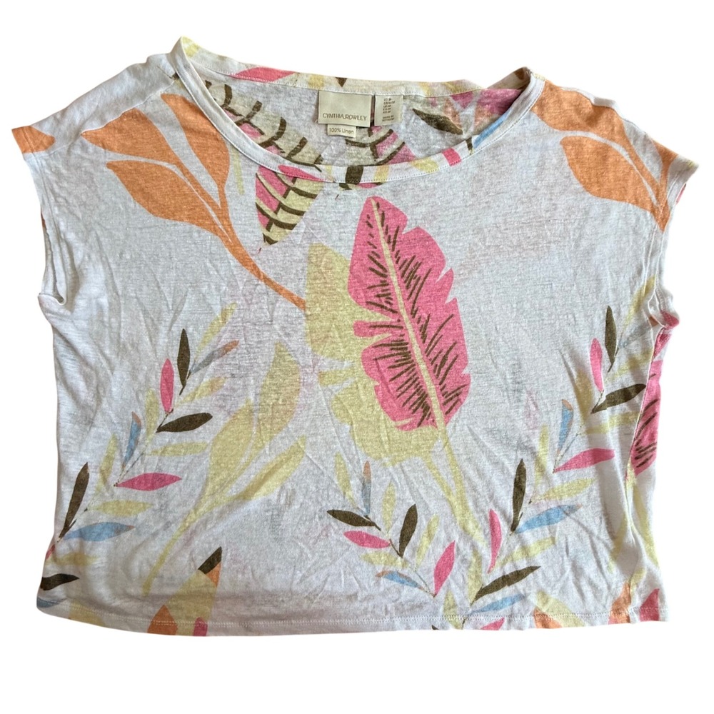 Cynthia Rowley 100% Linen Womens Medium Pink Orange Tropical‎ Palm Leaf Crop Top